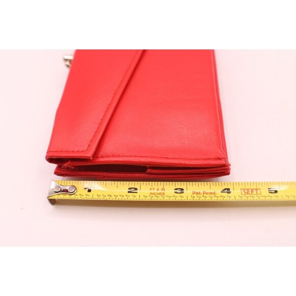 Red Clutch Wallet Kiss Lock Coin Purse Folding Floral Lining Faux Leather Vtg - Picture 8 of 9